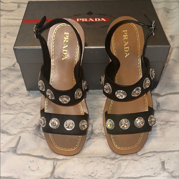 Prada Black Sandals with Metallic Embellishments - Picture 1 of 9